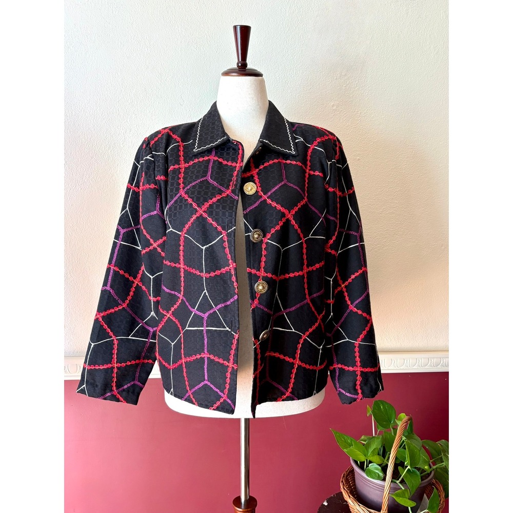 Vintage Alex Kim Embroidered Geometric Blazer Jacket Black Red Gold L Artsy Chic